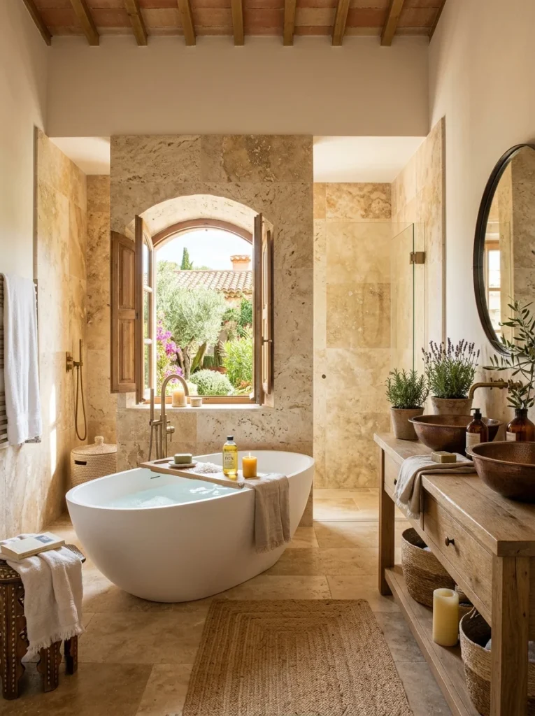 Bathroom with natural travertine stone tiles and freestanding bathtub.