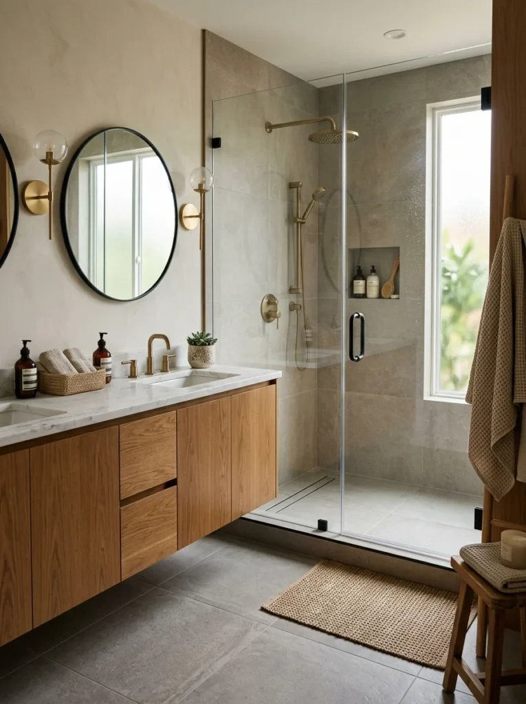 Matte porcelain bathroom floor tiles with slip-resistant finish.