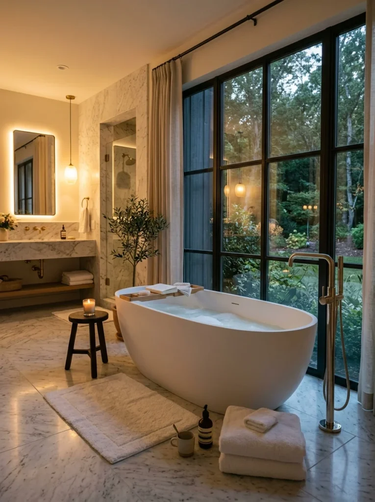 Freestanding bathtub beside window in elegant spa-inspired master bathroom.