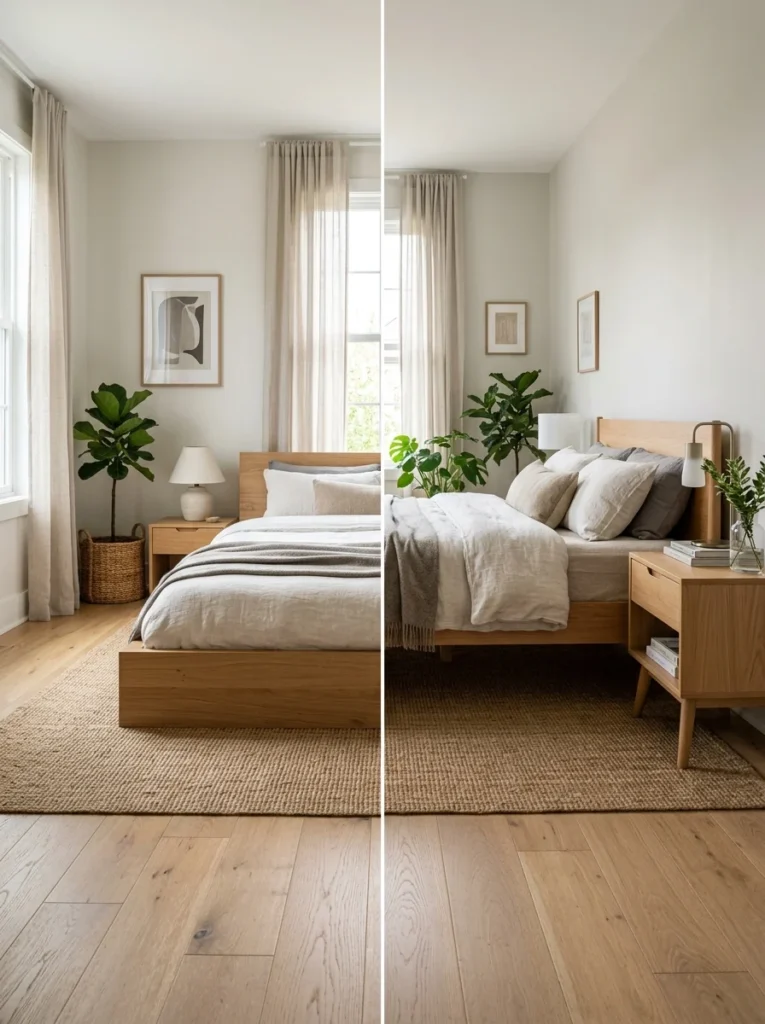 Comparison between platform bed and elevated bed with legs in modern bedroom.