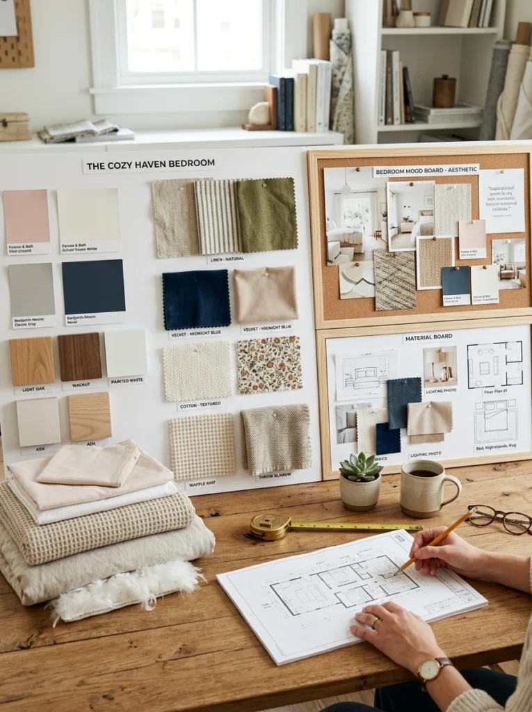 Bedroom color palette planning with paint swatches and material samples.