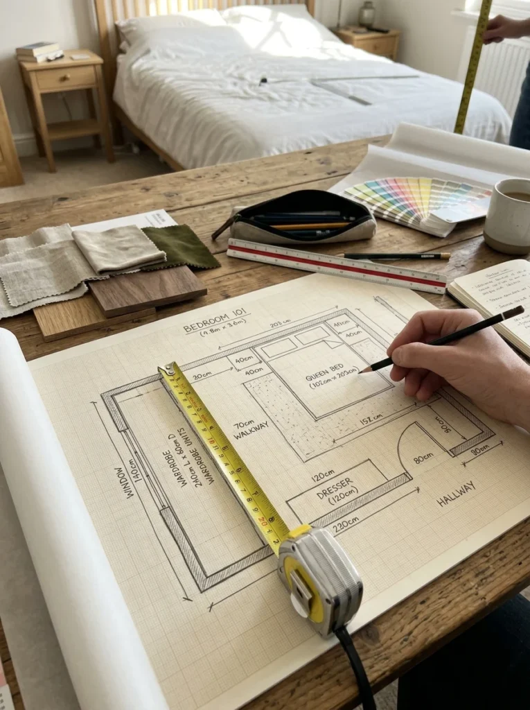 Bedroom floor plan and measurements for furniture layout planning.