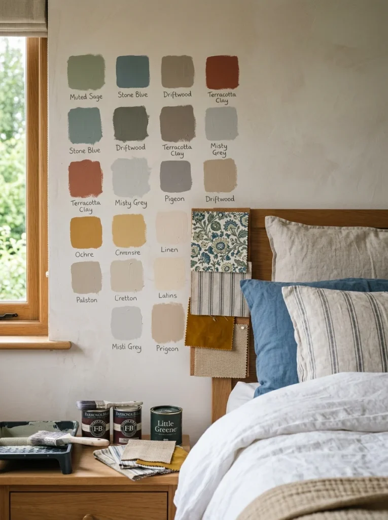 Testing bedroom paint colors with fabric and bedding samples.