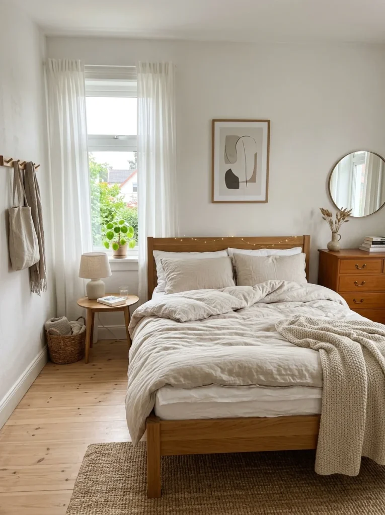 Light-colored small bedroom with soft neutral walls and bright airy atmosphere.