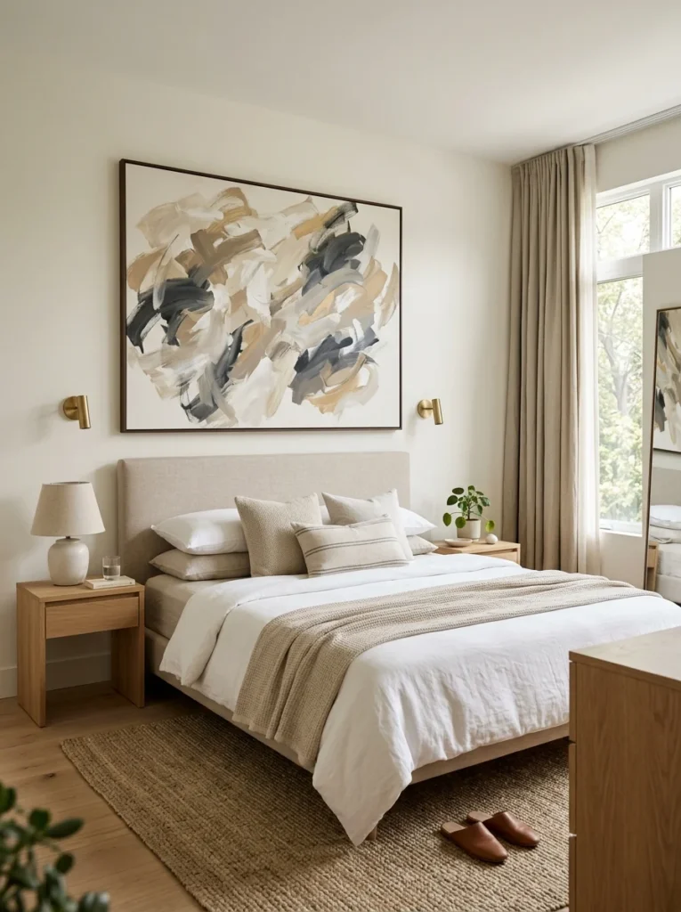 Large artwork above bed creating focal point in small bedroom.