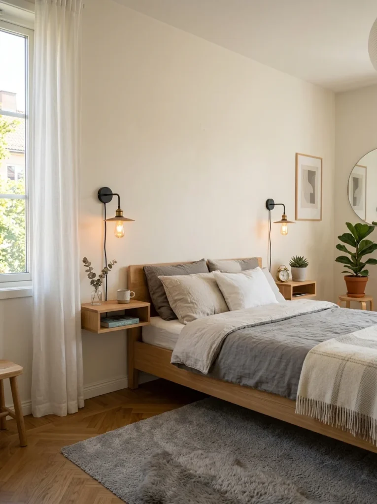 Wall-mounted bedside lighting saving space in small bedroom.