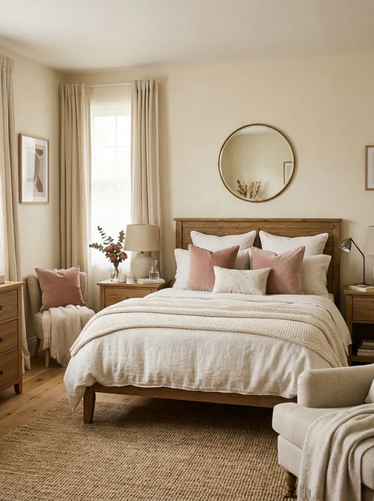 Blush pink bedroom accents paired with warm ivory and oak tones.