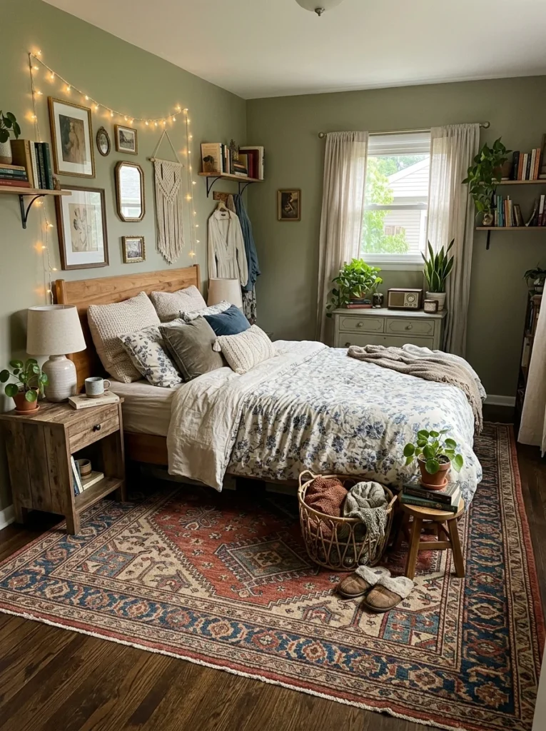 Large bedroom rug grounding the bed and making room feel larger.