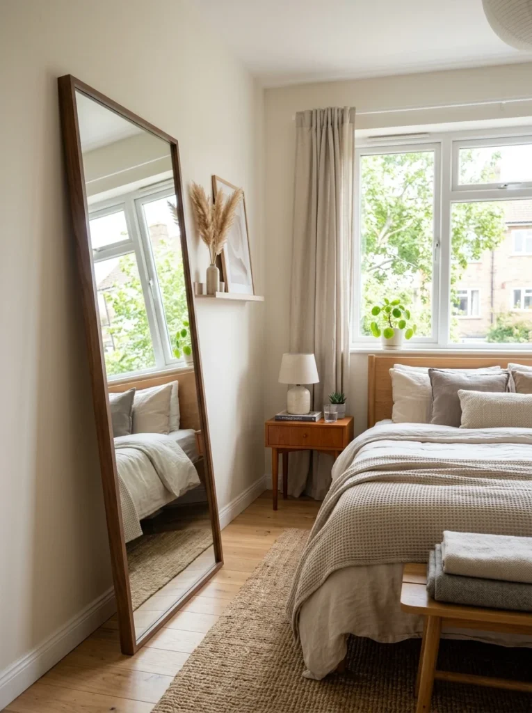 Large mirror reflecting natural light and making bedroom feel larger.