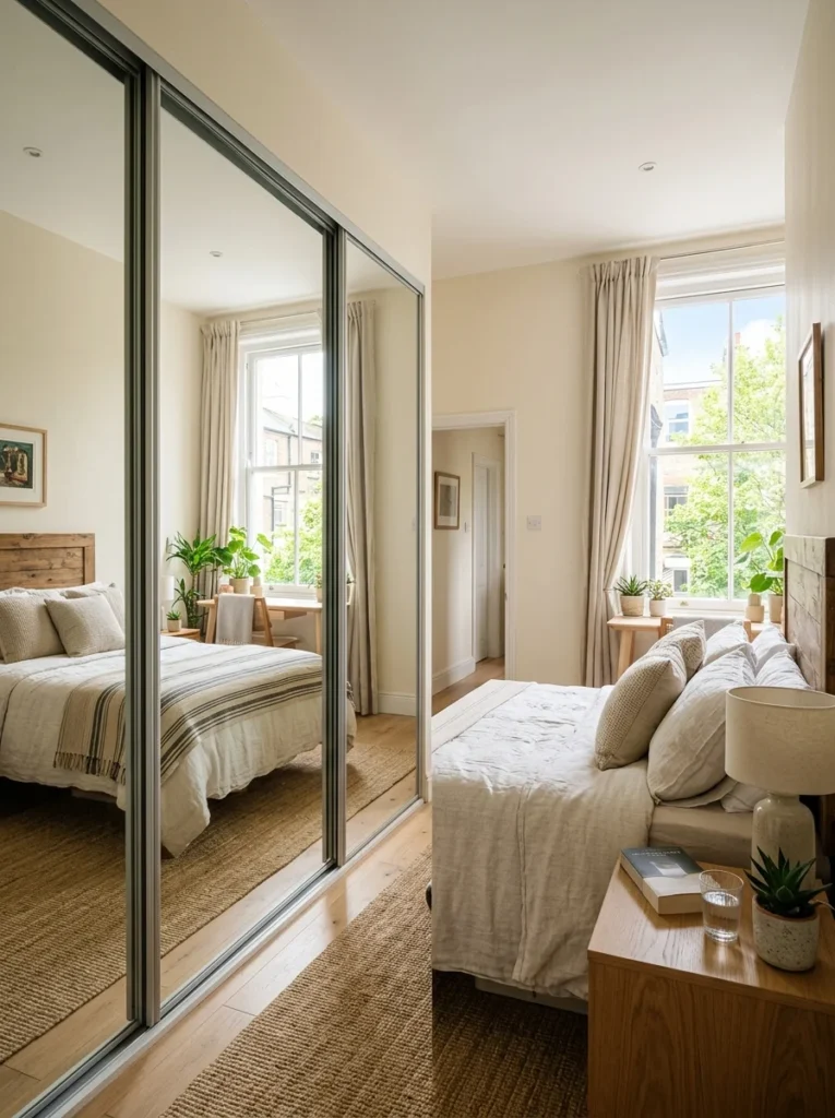 Mirrored wardrobe doors making small bedroom feel brighter and larger.