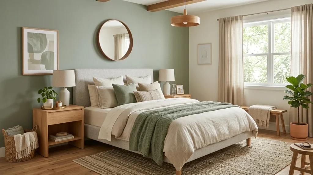 Modern bedroom with layered neutral tones, sage green accents, and calming Scandinavian decor.