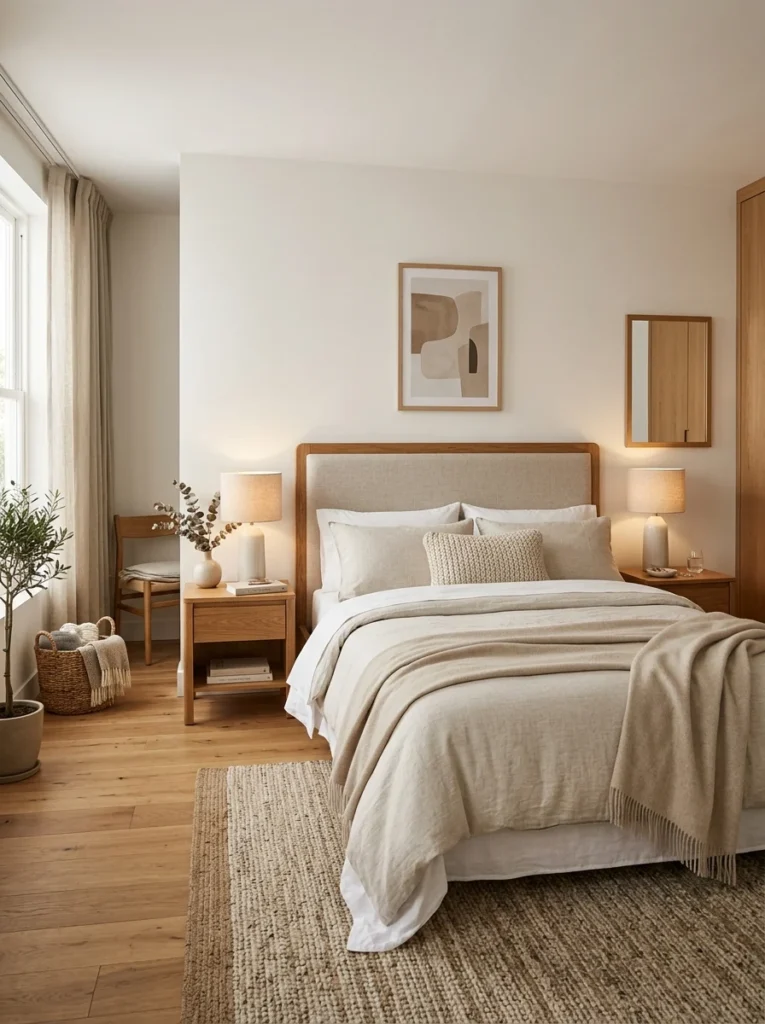 Cohesive bedroom furniture styling with matching wood tones and Scandinavian modern decor.