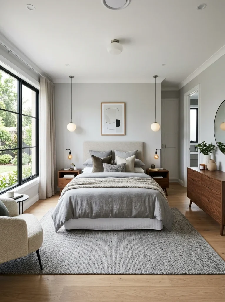Queen bed with proper clearance and balanced bedroom layout.