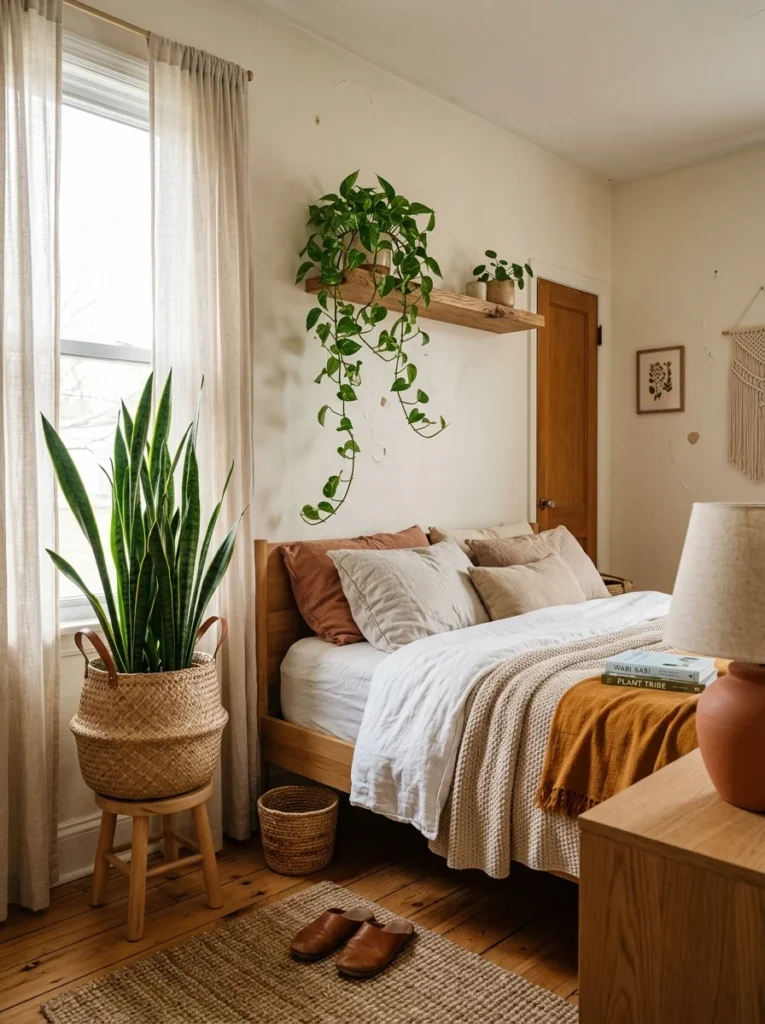 Indoor plants adding natural texture and warmth to small bedroom.