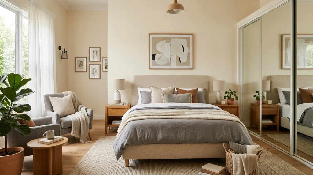 Modern bedroom with upholstered bed, warm wood furniture, mirrored wardrobe, and cozy Scandinavian decor.