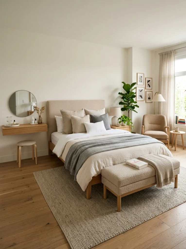 Modern bedroom with bench, reading chair, vanity table, and layered Scandinavian-inspired decor.