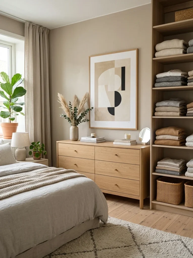Modern bedroom dresser providing organized folded clothing storage beneath wall artwork.