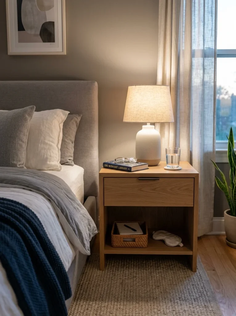 Modern bedside table styled with lamp, books, and storage drawer.