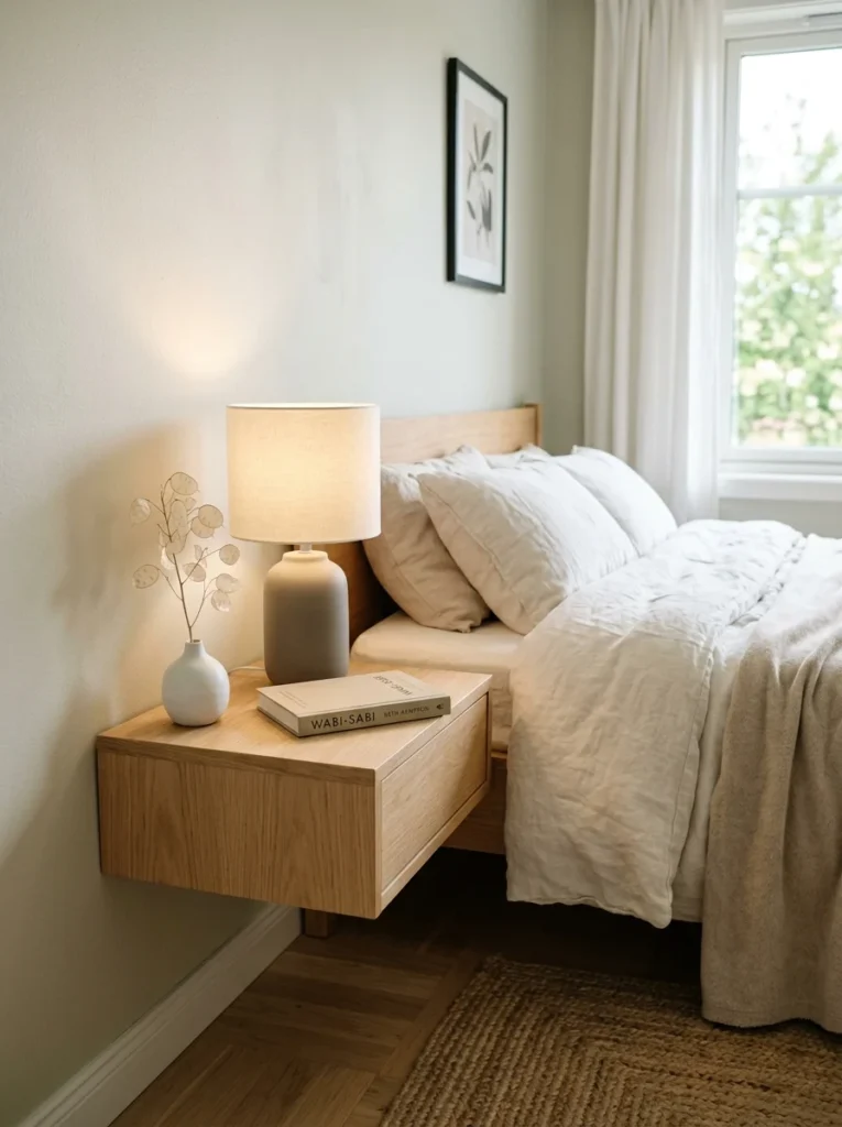 Clear intentional bedroom surfaces creating calm organized atmosphere.