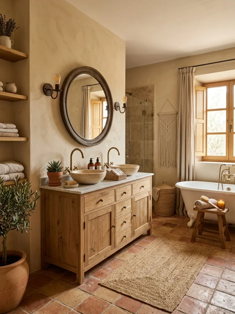 Warm beige and terracotta bathroom tile palette with earthy spa styling.