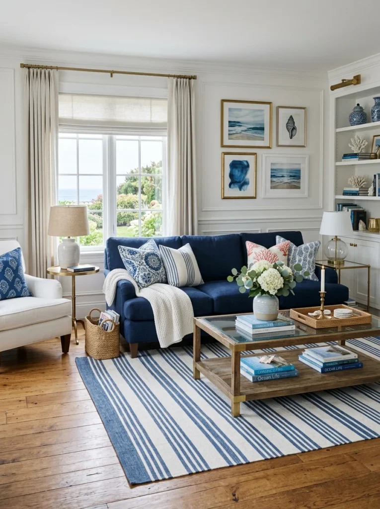 Classic blue and white living room with navy sofa and brass accents.