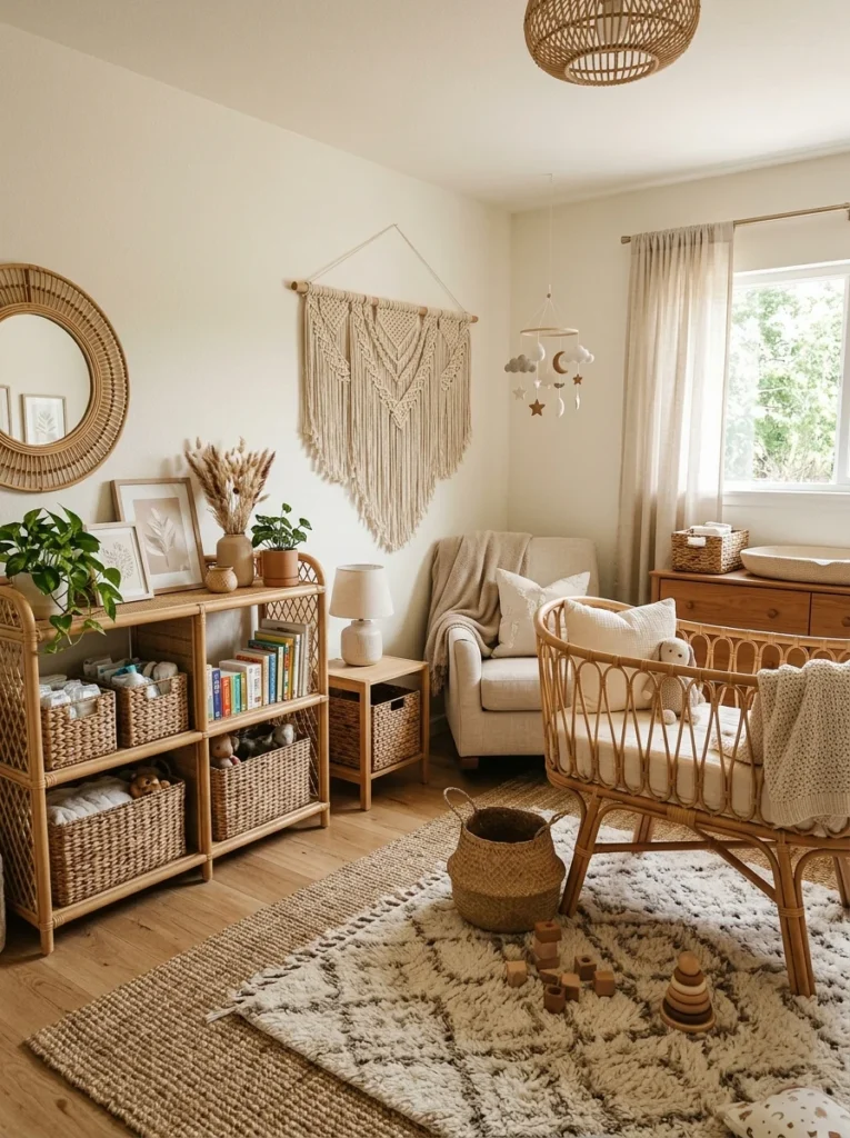Boho gender-neutral nursery with woven textures and rattan decor.