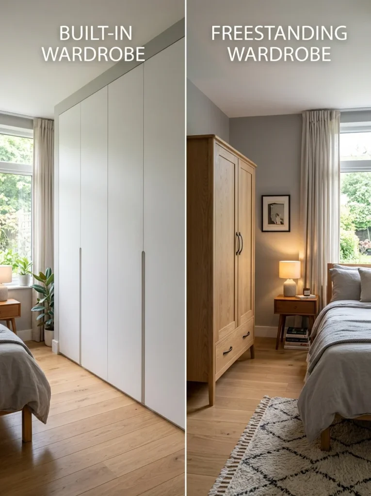 Built-in wardrobe compared with freestanding wardrobe in bedroom.