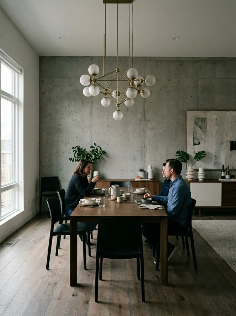 Dining room chandelier hung too high causing poor lighting atmosphere.