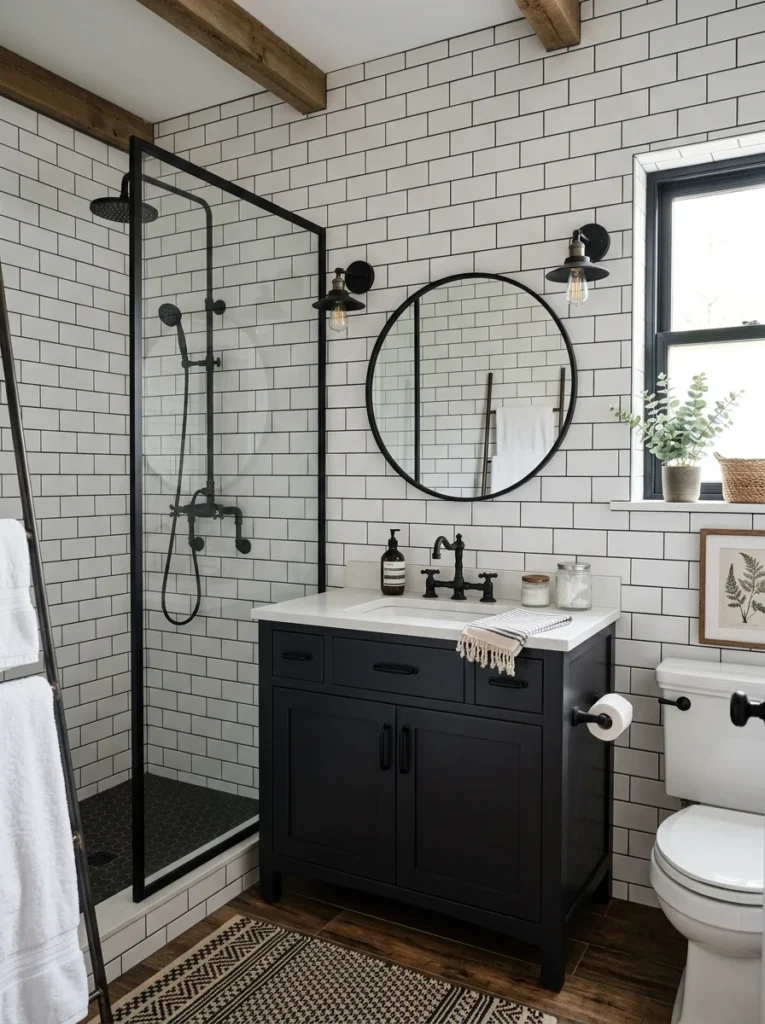 White subway tile bathroom with black grout and matte black fixtures.