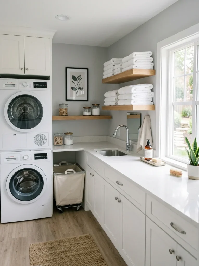 Clean organized laundry room with folded clothes and clutter-free counters.