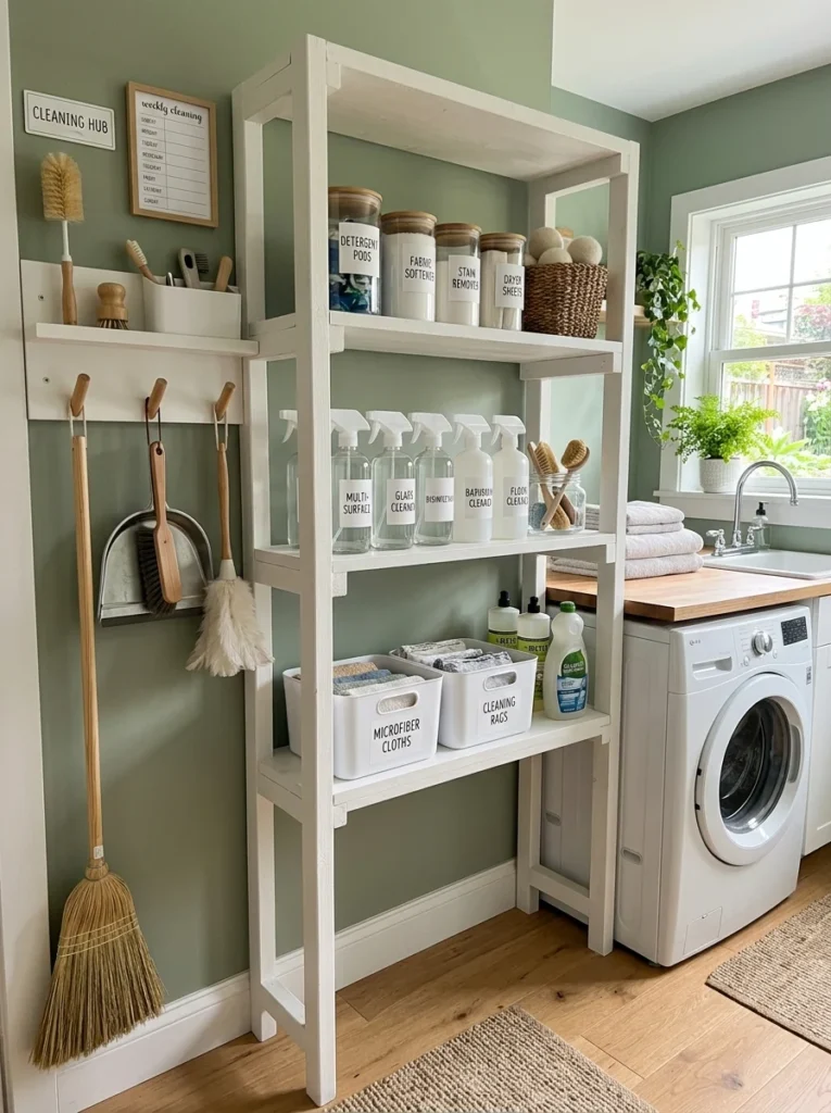 Laundry room cleaning supply station with labeled organizers and storage shelves.