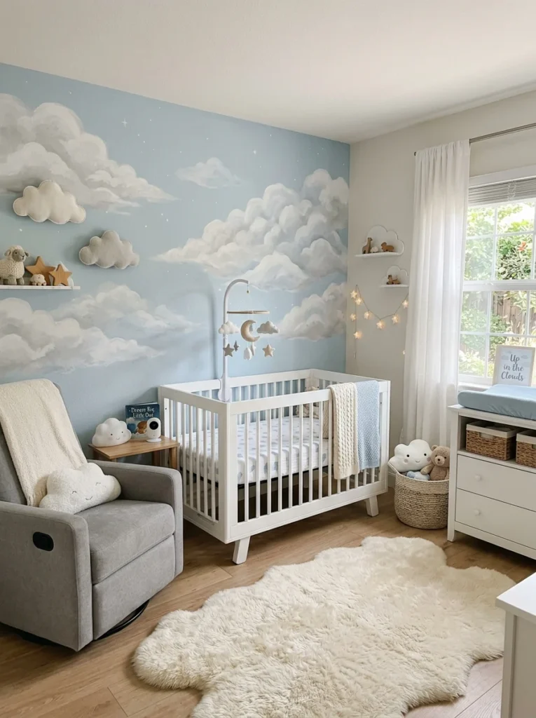 Cloud-themed nursery with soft blue decor and dreamy atmosphere.
