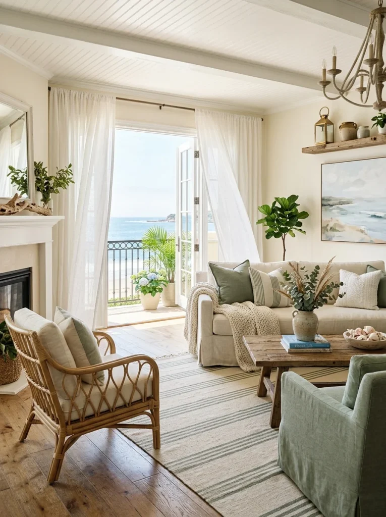Striped rug creating an airy coastal living room