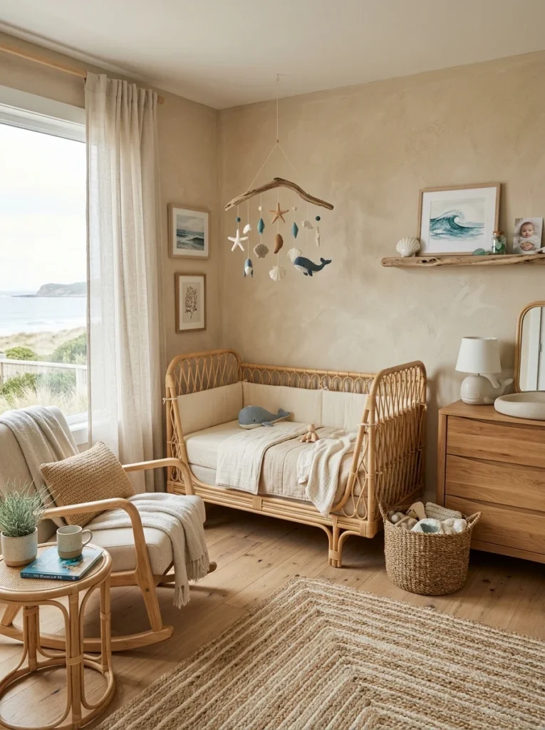 Coastal gender-neutral nursery with natural textures and soft blue accents.