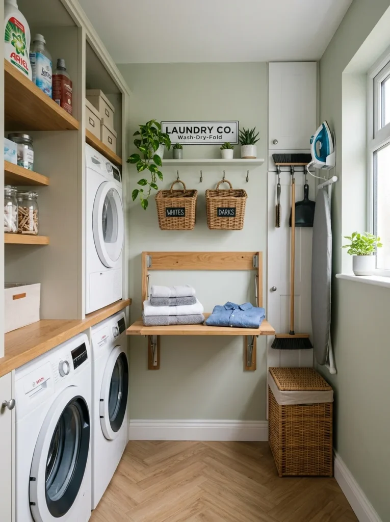 Fold-down laundry shelf for extra folding space in compact utility room.