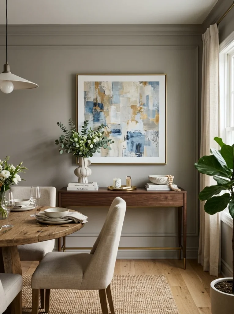 Narrow console table used as sideboard in small dining room.