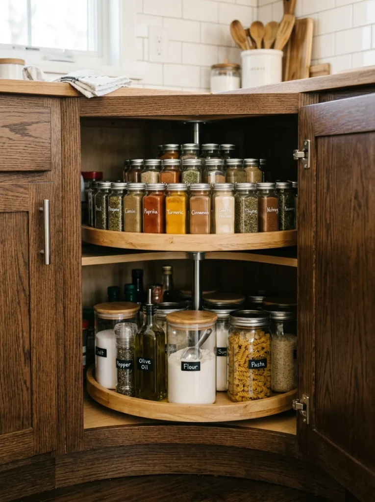 Lazy susan organizer improving access inside corner kitchen cabinet.