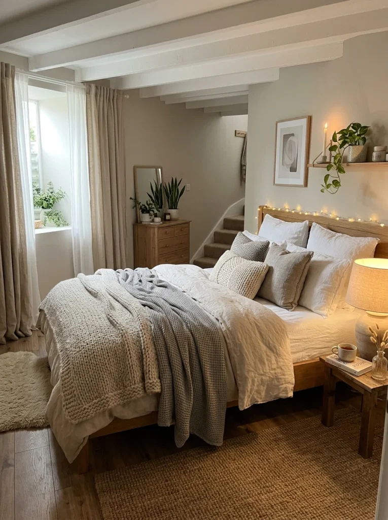 Cozy layered bedding and warm textiles in modern basement bedroom.