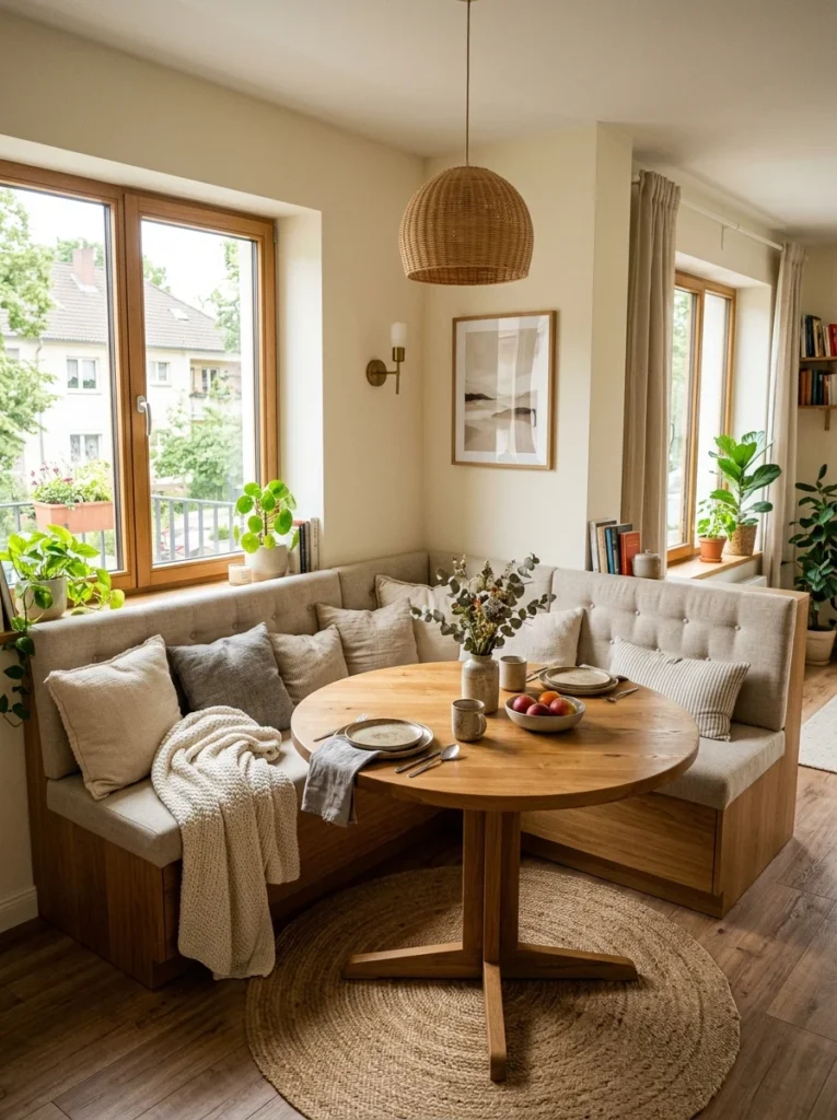 Corner banquette seating with round table in small dining nook.