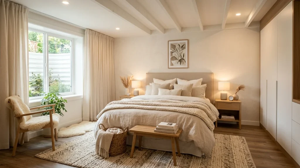 Cozy modern basement bedroom with warm lighting, layered bedding, egress window, and Scandinavian-inspired decor.