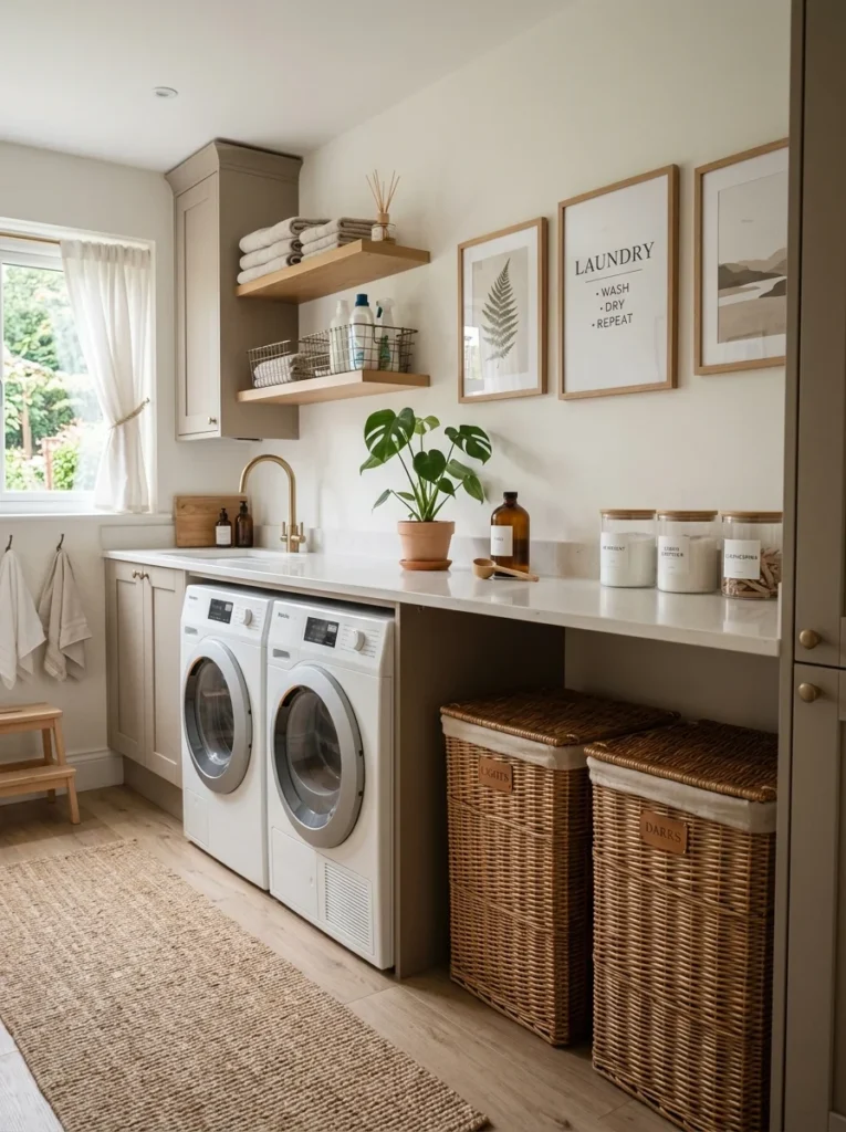 Decorative small laundry room with plants, framed art, and organized storage containers.