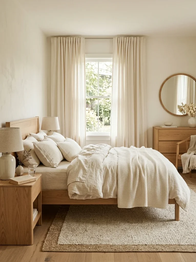 Monochromatic bedroom using layered shades of cream and beige.