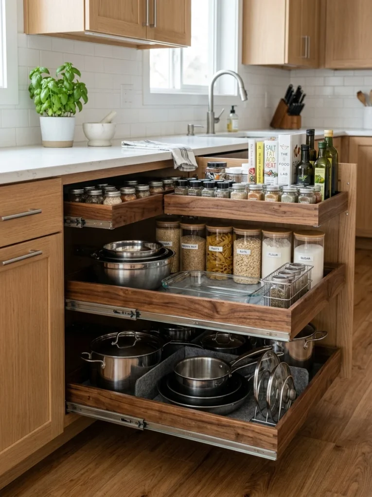 Pull-out kitchen shelves making deep cabinet storage easier to access.