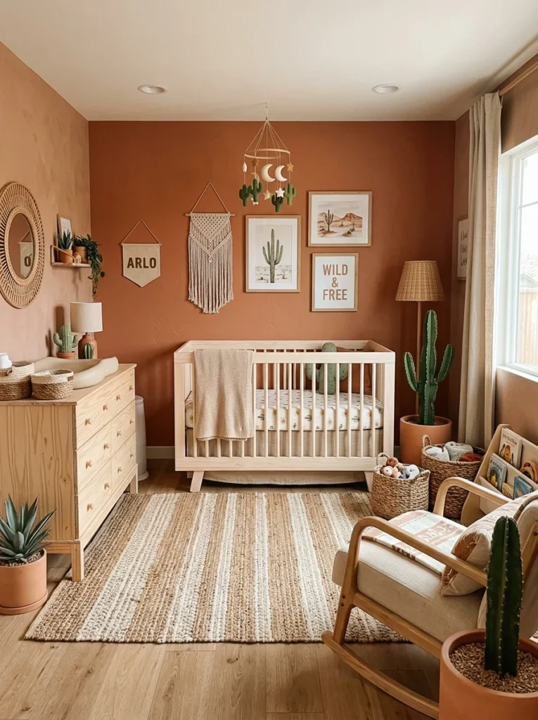 Desert-themed nursery with terracotta tones and boho decor.