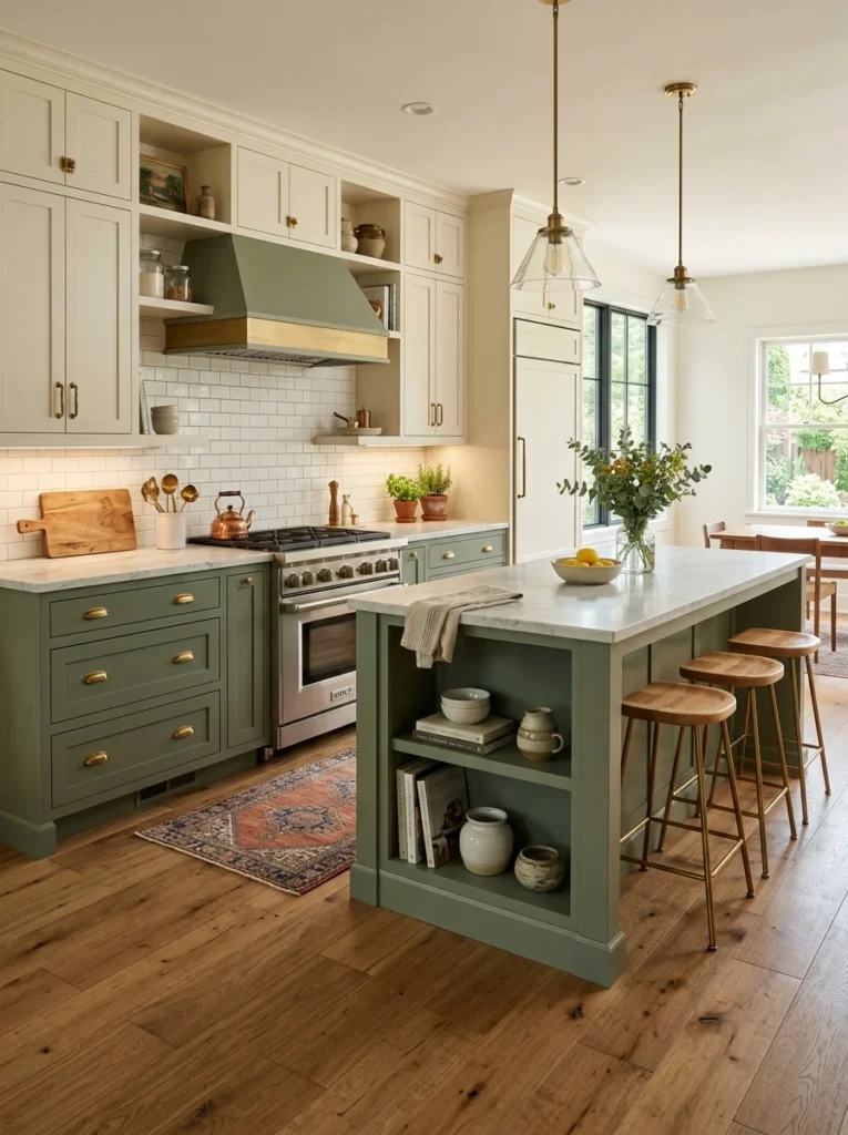Two-tone kitchen cabinets with cream uppers and sage green lowers.