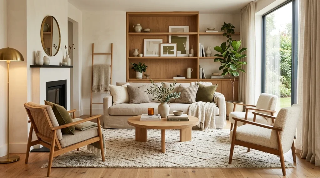 Designer living room with layered warm neutral colors, wood textures, and cozy Scandinavian decor.