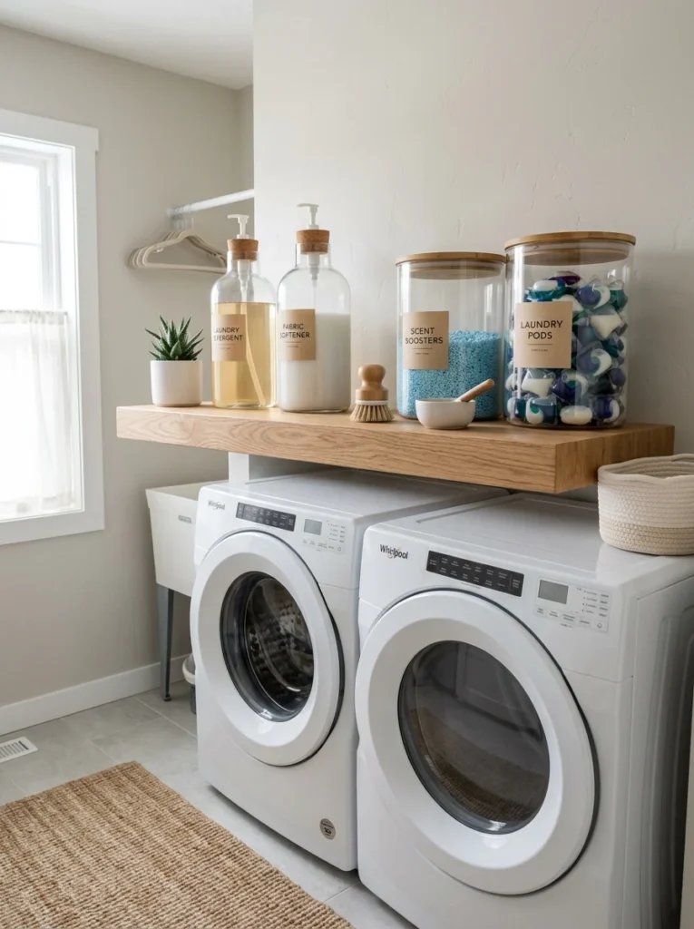 Decanted laundry products in glass dispensers and labeled jars.