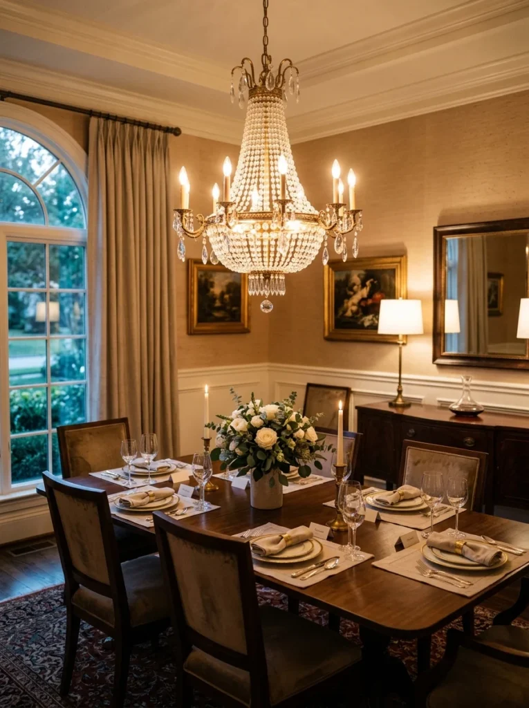 Dining chandelier hung at proper height above dining table for balanced lighting.