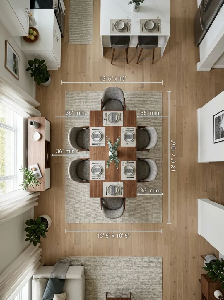 Dining room layout showing proper clearance space around dining table.