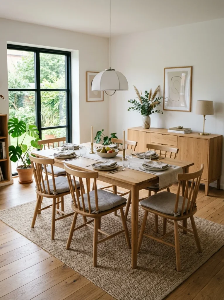 Dining table matching surrounding furniture in cohesive dining room design.